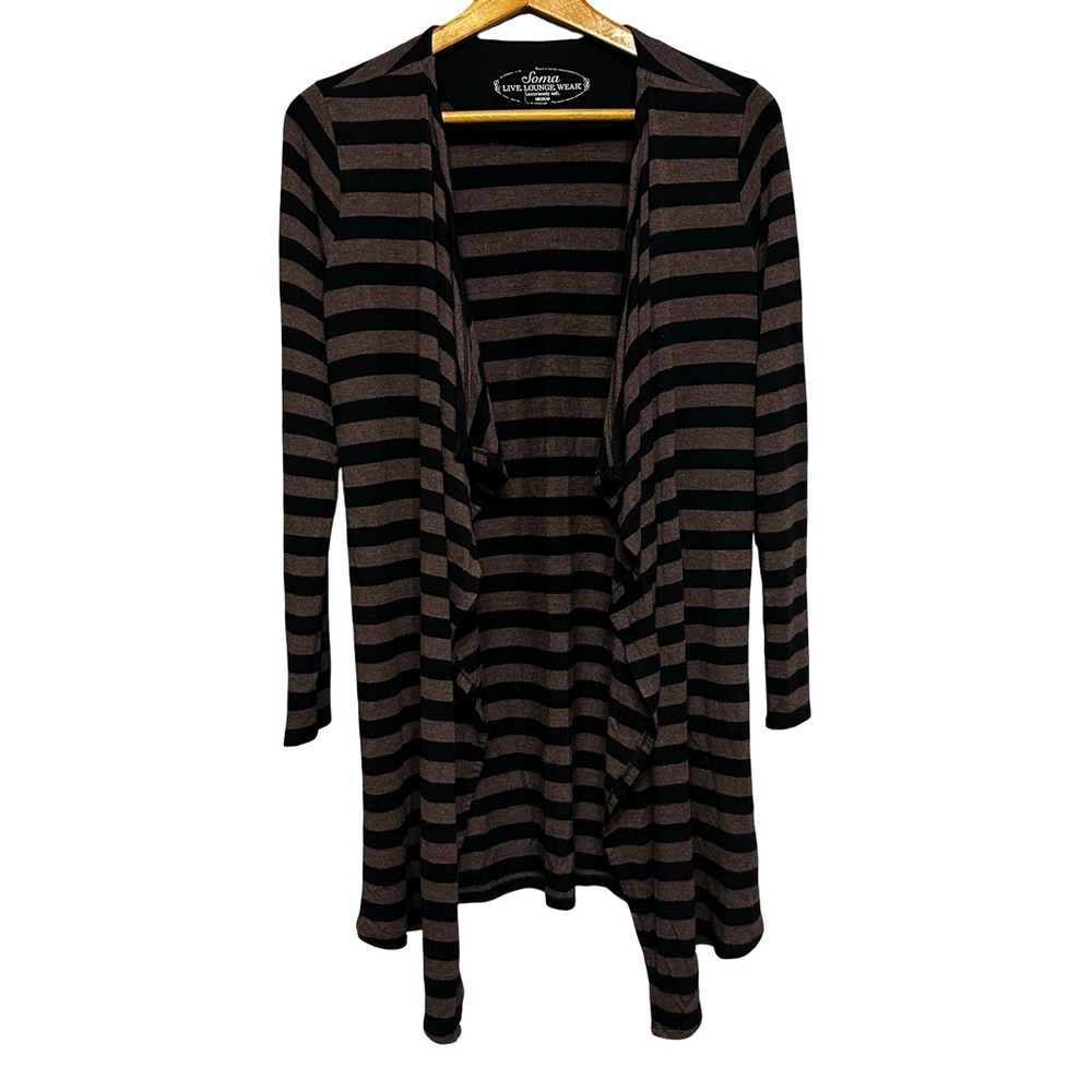 SOMA LOUNGE WEAR Open Front Cardigan Brown Black Stripe Medium Comfy Casual